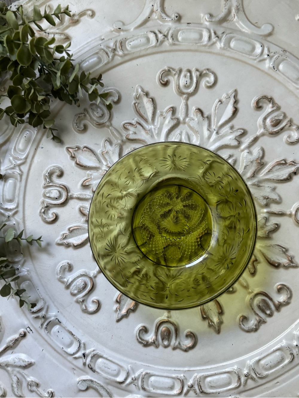 FTD Florist Vintage Green Glass Bowl 1979 with Embossed Flower Design Floral